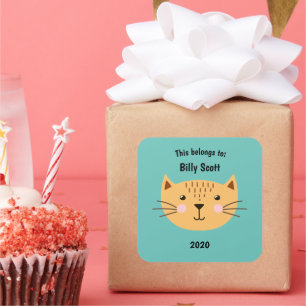 This Belongs to Back to School Cat Face Turquoise Square Sticker