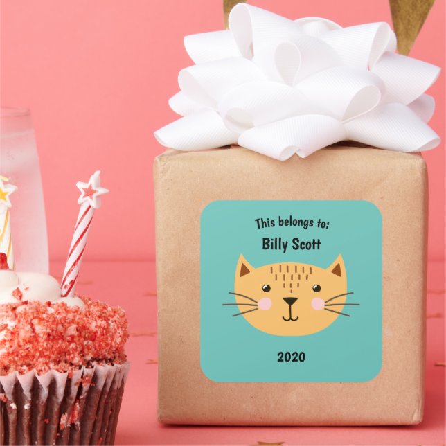 This Belongs to Back to School Cat Face Turquoise Square Sticker (Party)
