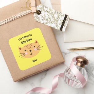 This Belongs to Back to School Cat Face Yellow Square Sticker