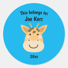 This Belongs to Back to School Cute Giraffe Blue Classic Round Sticker
