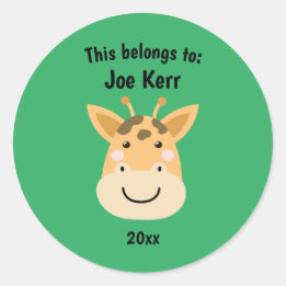 This Belongs to Back to School Cute Giraffe Green Classic Round Sticker