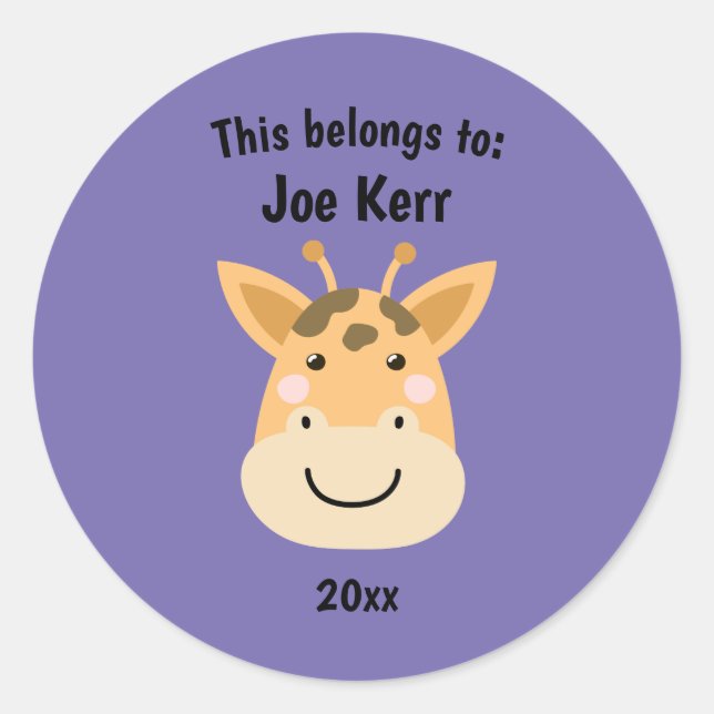 This Belongs to Back to School Cute Giraffe Purple Classic Round Sticker (Front)