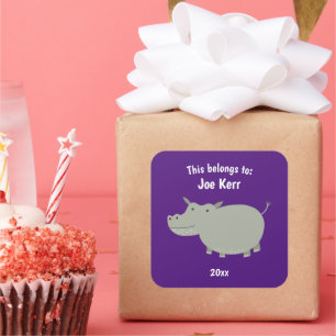 This Belongs to Back to School Cute Hippo Purple Square Sticker