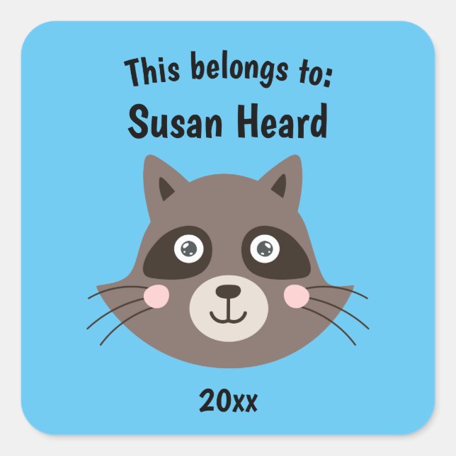 This Belongs to Back to School Cute Racoon Blue Square Sticker (Front)