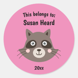 This Belongs to Back to School Cute Racoon Pink Classic Round Sticker