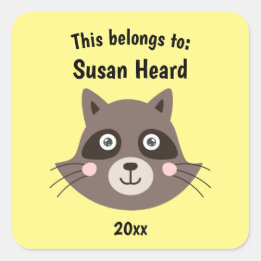 This Belongs to Back to School Cute Racoon Yellow Square Sticker
