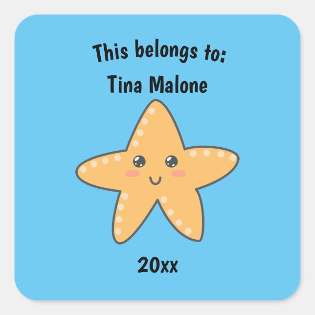This Belongs to Back to School Cute Starfish Blue Square Sticker (Front)