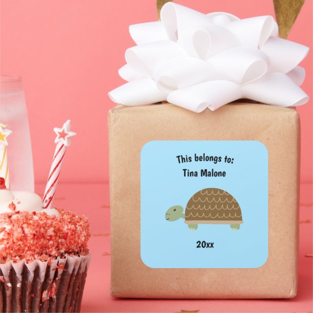 This Belongs to Back to School Cute Turtle Blue Square Sticker (Party)
