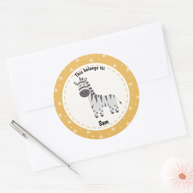 This Belongs to Back to School Cute Zebra Name Classic Round Sticker (Envelope)