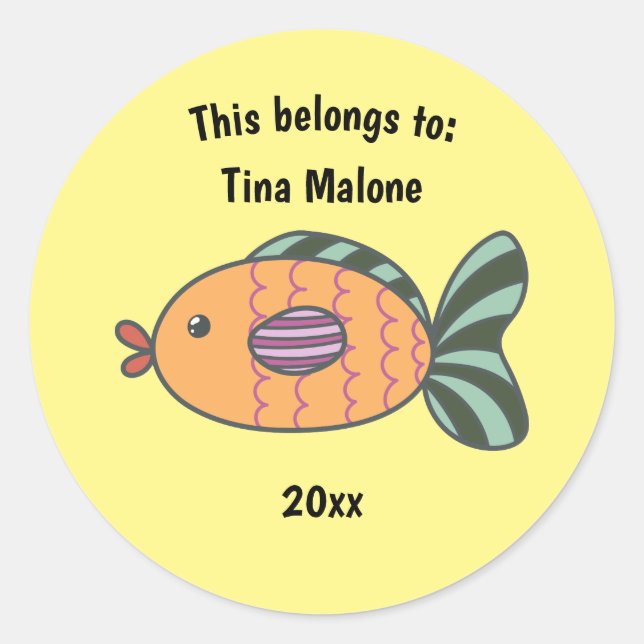 This Belongs to Back to School Fish Yellow Classic Round Sticker (Front)