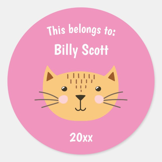 This Belongs to Back to School Kitty Cat Face Pink Classic Round Sticker (Front)