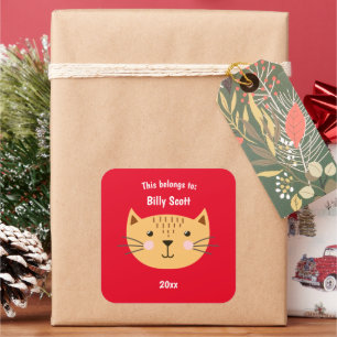 This Belongs to Back to School Kitty Cat Face Red Square Sticker