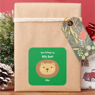 This Belongs to Back to School Lion Face Dk Green Square Sticker