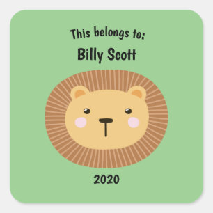 This Belongs to Back to School Lion Face Green Square Sticker