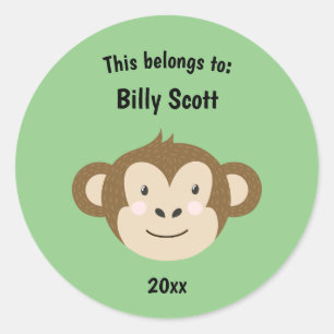 This Belongs to Back to School Monkey Face Green Classic Round Sticker