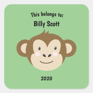 This Belongs to Back to School Monkey Face Green Square Sticker