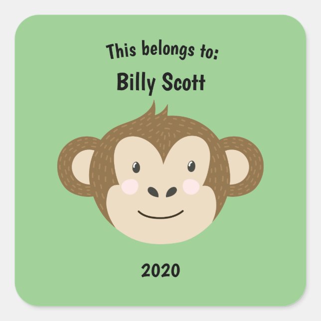 This Belongs to Back to School Monkey Face Green Square Sticker (Front)