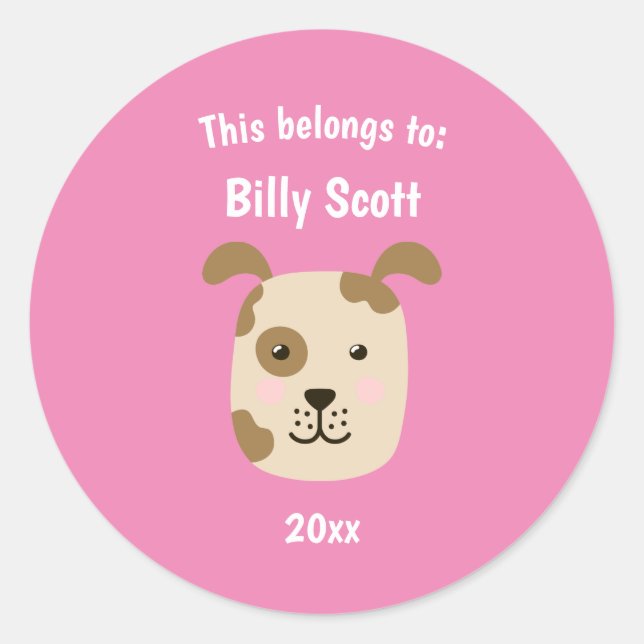 This Belongs to Back to School Puppy Dog Face Pink Classic Round Sticker (Front)
