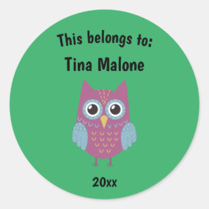 This Belongs to Back to School Purple Owl Green Classic Round Sticker