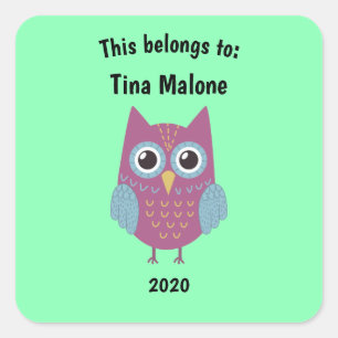 This Belongs to Back to School Purple Owl Green Square Sticker
