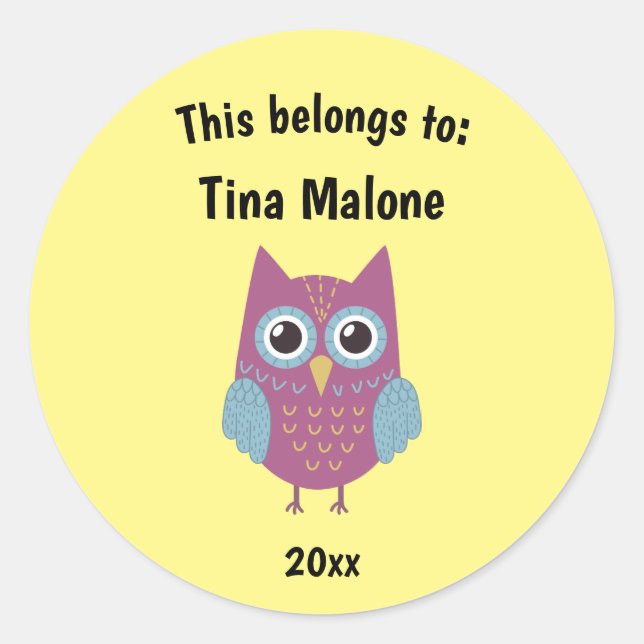 This Belongs to Back to School Purple Owl Yellow Classic Round Sticker (Front)