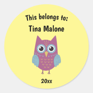 This Belongs to Back to School Purple Owl Yellow Classic Round Sticker