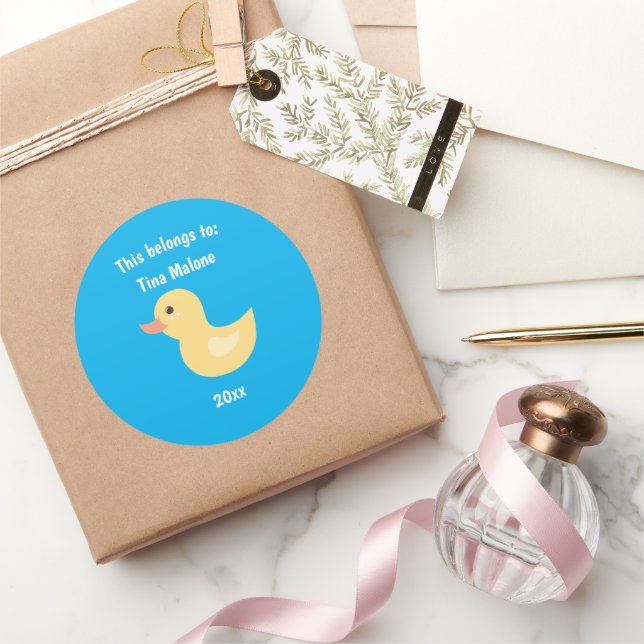 This Belongs to Back to School Rubber Duck Blue Classic Round Sticker (Gifting)