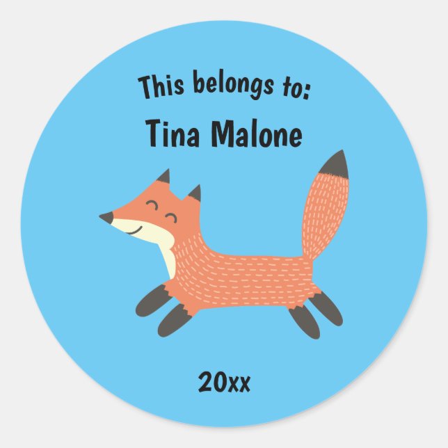 This Belongs to Back to School Running Fox Blue Classic Round Sticker (Front)