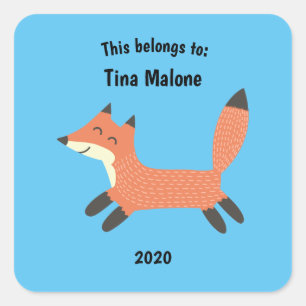 This Belongs to Back to School Running Fox Blue Square Sticker