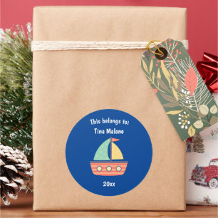 This Belongs to Back to School Sailboat Blue Classic Round Sticker