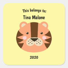This Belongs to Back to School Tiger Face Yellow Square Sticker