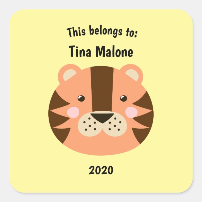 This Belongs to Back to School Tiger Face Yellow Square Sticker (Front)