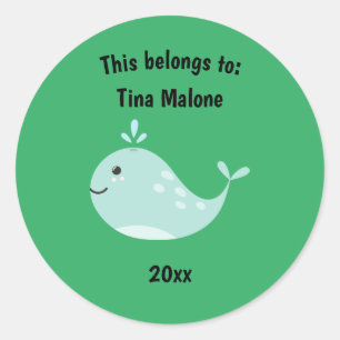 This Belongs to Back to School Whale Green Classic Round Sticker
