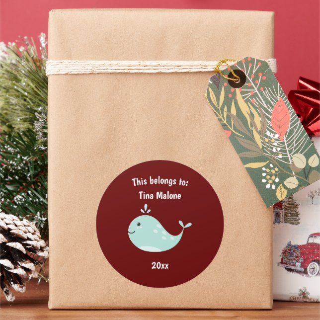 This Belongs to Back to School Whale Maroon Classic Round Sticker (Holiday)