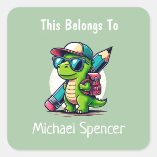 This Belongs To Cute Boys Dinosaur Green Square Sticker