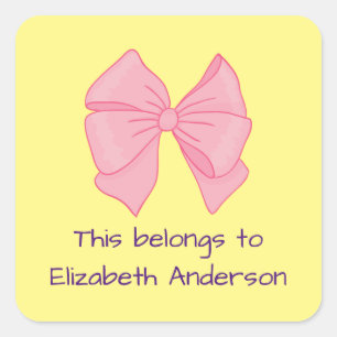 This Belongs to Girl's Name Bow Pink Yellow  Square Sticker