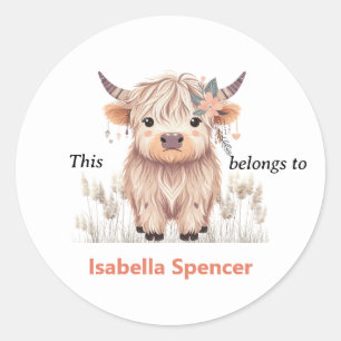 This Belongs To Girly Cute Modern Highland Cow Classic Round Sticker