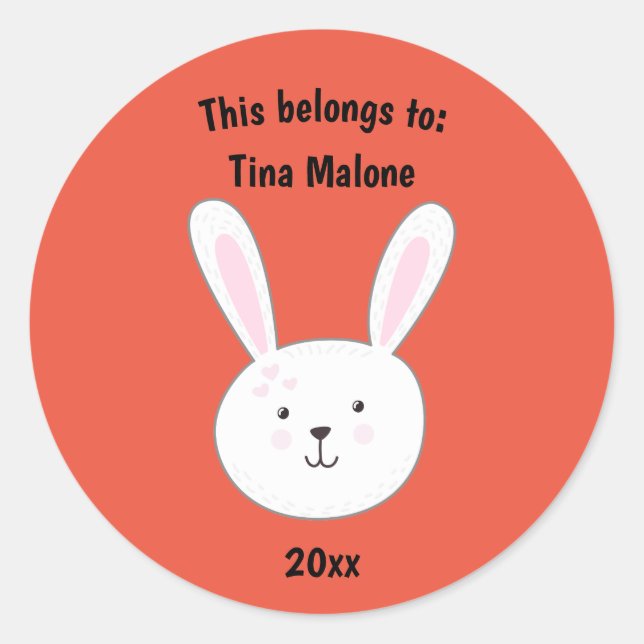 This Belongs to Name Bunny Rabbit Red School Classic Round Sticker (Front)