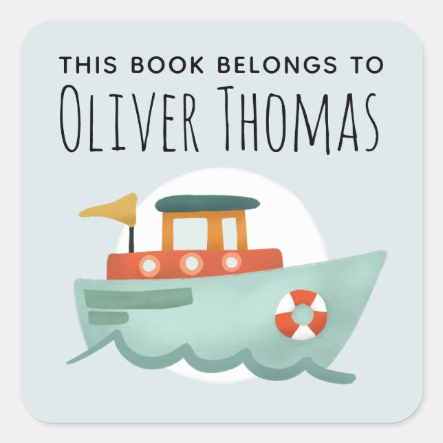This Book Belongs Blue Ocean Boat Kids Bookplate Square Sticker (Front)