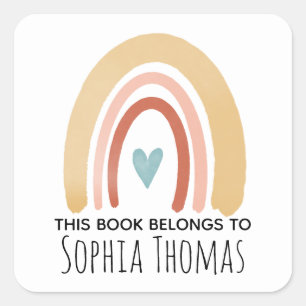 'This Book Belongs' Boho Rainbow Kids Bookplate Square Sticker