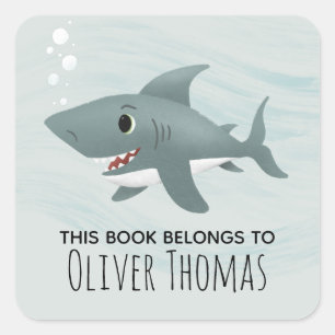 "This Book Belongs" Cute Blue Shark Kids Bookplate Square Sticker