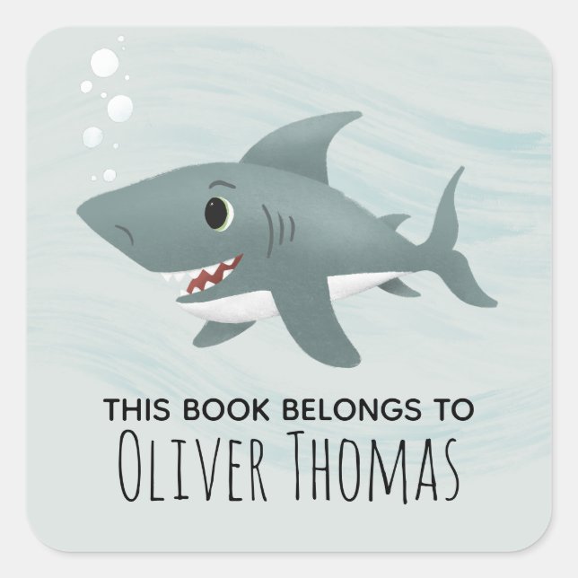 "This Book Belongs" Cute Blue Shark Kids Bookplate Square Sticker (Front)