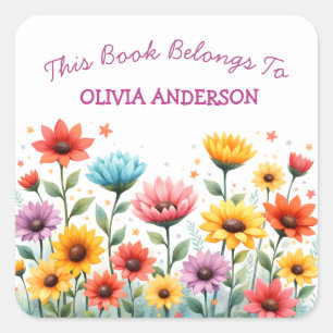 This Book Belongs Cute Flowers Name School Square Sticker