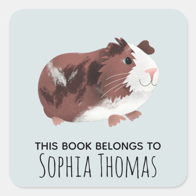 'This Book Belongs' Cute Guinea Pig Kids Bookplate Square Sticker (Front)