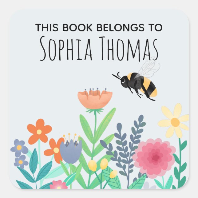'This Book Belongs' Floral Bee Kids Bookplate Square Sticker (Front)
