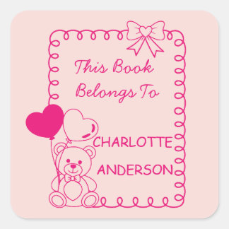 This Book Belongs Girl Pink Bookplates Square Sticker