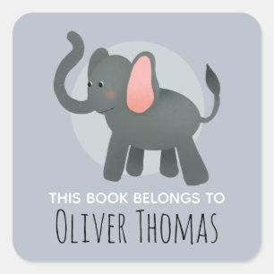 'This Book Belongs' Jungle Elephant Kids Bookplate Square Sticker