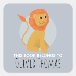 'This Book Belongs' Lion Name Kids Bookplate Square Sticker