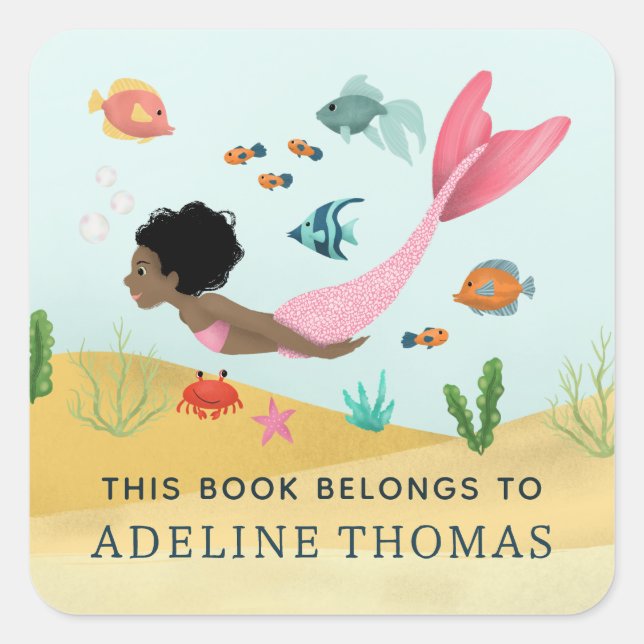'This Book Belongs' Mermaid Ocean Kids Bookplate Square Sticker (Front)