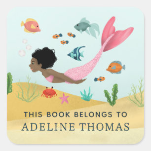 'This Book Belongs' Mermaid Ocean Kids Bookplate Square Sticker